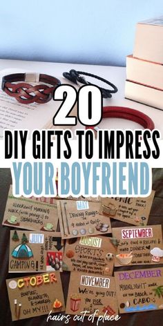 some books are sitting on a table with the words 20 diy gifts to impress your boyfriend