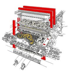 an architectural drawing of a building with red columns and yellow snakes on the floor, surrounded by other buildings