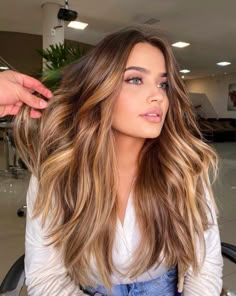 Walnut Brown Hair with Strawberry Money Piece Highlights On Brown Hair, Hair With Blonde Highlights, Tan Skin Blonde Hair, Strawberry Blonde Highlights, Blond Balayage, Honey Blonde Hair, Hair Done