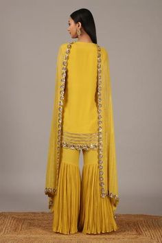 Shop for Nidhika Shekhar Yellow Crepe Georgette Embroidered Kurta And Sharara Set for Women Online at Aza Fashions Yellow Sharara Set, Yellow Overlay, Yellow Sharara, Kurta And Sharara Set, Kurta And Sharara, Embroidered Motifs, Cape Style, Luxury Sale, Sharara Set