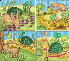 four different pictures of rabbits and turtles