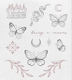 butterflies, stars and crescents are drawn on white paper with the words love in red ink