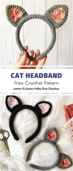 crochet cat headband pattern with text overlay