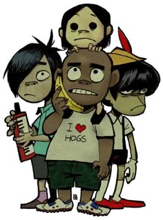 three cartoon characters are standing together and one is holding a cell phone in his hand