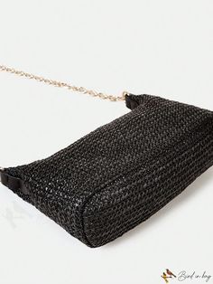 BirdinBag - Classy Black Vacation Zippered Medium Straw Bag with Minimalist Design Black Baguette Bag With Chain Strap, Black Tote Straw Bag For Evening, Black Baguette Clutch Bag With Adjustable Strap, Minimalist Black Crossbody Baguette Bag, Minimalist Black Baguette Crossbody Bag, Black Rectangular Baguette Bag With Chain Strap, Evening Rectangular Straw Bag With Adjustable Strap, Everyday Straw Shoulder Bag With Chain Strap, Summer Black Rectangular Clutch