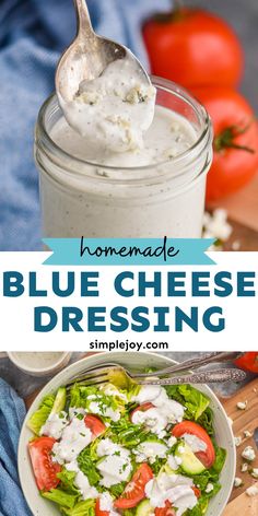 homemade blue cheese dressing in a glass jar with a spoon and tomatoes on the side