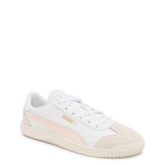 Step into sustainable style with the Puma Women's Club 5V5white/rosebay sneakers. Crafted from coated leather and synthetic materials made from at least 30% recycled content, these sneakers not only elevate your fashion game but also contribute to a greener planet. Featuring a lace-up closure, round toe, synthetic lining, fabric footbed, rubber midsole, and a durable rubber sole. | Puma Women's Club 5V5 Sneaker in White/Rosebay Leather Size 11 Medium Puma Palermo, Sustainable Style, Puma Women, Synthetic Materials, Lining Fabric, Womens Shoes Sneakers, Fashion Games, Sustainable Fashion, Rubber Sole