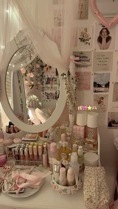 the vanity is full of cosmetics and personal care items