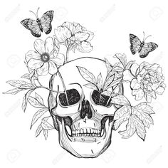 a skull with flowers and butterflies on it's head, in black and white