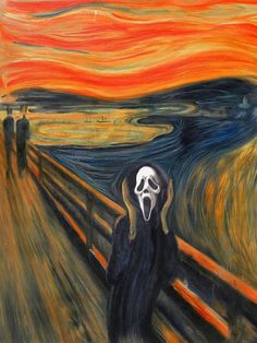 a painting of a person with a skeleton mask in front of an orange and blue sky