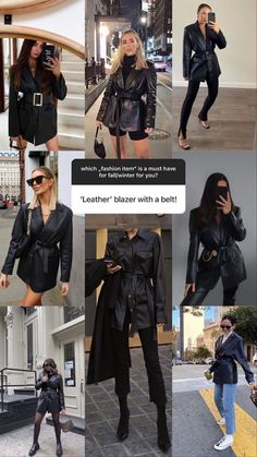 Belted Leather Blazer Outfit, Leather Jacket With Belt Outfit, Leather Blazer Summer Outfit, Black Leather Blazer Outfit Fall, Black Leather Blazer Outfit Winter, Belted Leather Jacket Outfit, Leather Blazer Dress Outfit, Blazer Leather Pants Outfit, Leather Pants And Blazer Outfit