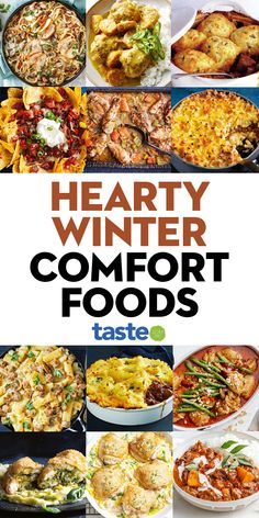 the cover of hearty winter comfort foods taste magazine, featuring images of various dishes