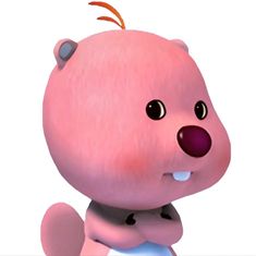 an animated pink bear sitting on top of a white surface with its eyes open and tongue out