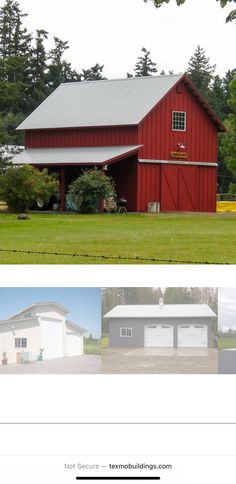 two pictures side by side one has a barn and the other has a garage in it