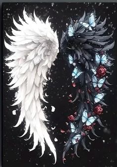 two white wings with roses on them against a black background and snow falling all around