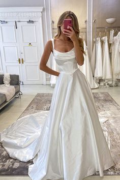 Gorgeous Ball Gown Satin Square Neck Satin Wedding Dresses AB24083012-1 Wedding Dresses Silk Long Sleeve, Simple Satin Wedding Dresses, Wedding Dress With Texture, All Silk Wedding Dress, Vintage Wedding Dress Ballgown, Long Silk Wedding Dress, Wedding Dresses Big Skirt, Wedding Dresses Basic, Simple Drop Waist Wedding Dress