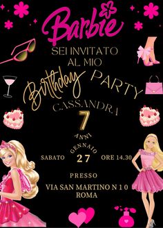 barbie birthday party flyer with pink and gold decorations on black background, featuring two girls in dresses