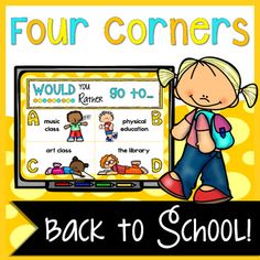 The Four Corners Game is a no prep activity with built-in movement! All you need to do is project the slides on your board. This game works great as a low pressure ice breaker, because everyone participates at once and no one is put on the spot! Since students walk around the room for each answer, it also provides an opportunity for them to use up energy while remaining engaged.There are 30 questions with 4 choices each (20 "Would You Rather..." questions, followed by 10 questions about the stud Four Corners Game, Spanish Teacher, Would You Rather, Ice Breakers, Brain Breaks, Low Pressure, Four Corners, Getting To Know You, Writing Activities