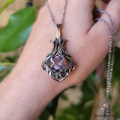 "Ethernys. Unique, and one of a kind, handmade fantasy elven inspired, with a touch of art nouveau, elegant ornate and intricate design, luxurious healing talisman pendant necklace with genuine natural top quality hand oval quantum cut 2.95ct 10x8mm lavender fluorite crystal gemstone, in hammered, filed, soldered, wrapped, antiqued and high end hand polished layered solid 925 sterling silver wire, with 18\" solid 925 sterling silver hand antiqued and polished chain ready to wear. Pendant is 1 11 Talisman Pendant, Fluorite Crystal, Black Gift Boxes, Copper Jewelry, Silver Wire, Crystals And Gemstones, Solid 925 Sterling Silver, Artisan Jewelry, Sterling Silver Pendants