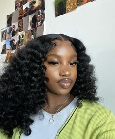 A black woman with a curly lace front human hair wig. She also has lash extensions / strip lashes and she’s wearing a green cardigan and a necklace with a circle pendant. Frontal Wig Hairstyles, Pretty Braided Hairstyles, Dope Hairstyles, Looks Black, Baddie Hairstyles, Long Curly, Weave Hairstyles