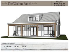 the walnut ranch house plan is shown with measurements for the front porch and covered patio