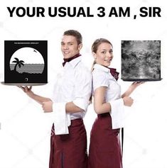 two people in aprons are holding laptops with the words your usual 3 am, sir