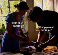 two women in aprons are preparing food on a table with words above them that read, i can do it