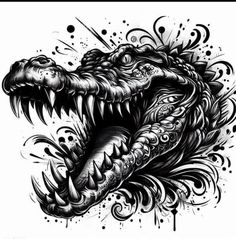 a black and white drawing of an alligator's mouth