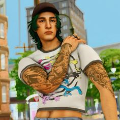 a man with green hair and tattoos on his arm standing in front of a tall building