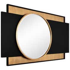 a black and gold framed mirror on a wooden frame with a round mirror in the middle