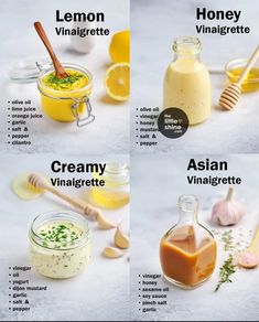 four different types of food are shown with the names in english and french, including honey, yogurt, cream, vanilla