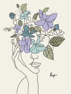 a drawing of a woman's head with flowers in her hair and leaves on it