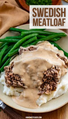 A serving plate filled with mashed potatoes, Swedish meatloaf, gravy, and a healthy serving of green beans. Swedish Meatloaf Recipes, Swedish Meatball Meatloaf, Meatball Meatloaf Recipes, Ground Veal Recipes Easy, Wild Rice Meatloaf, Superior Meatloaf, Swedish Meatloaf, Unique Meatloaf Recipes, Meatloaf Gravy