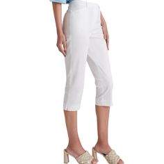 Zipped Up Button Closure Capri Fit Pockets Size 16 Spring Cropped Leg Pants With Button Zip Fly, Cropped Leg Pants With Button Zip Fly For Workwear, Cropped Leg Workwear Pants With Button Zip Fly, Cropped Work Pants With Button Zip Fly, White Mid-rise Capris For Summer, Spring Capri Pants, White Knee-length Capris For Spring, White Knee-length Spring Capris, Spring Workwear Bottoms With Button Zip Fly