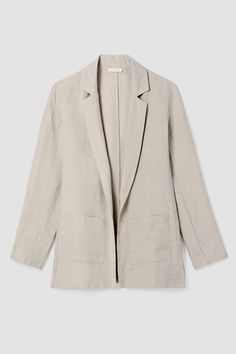 A notch collar jacket that’s relaxed yet refined. In Eileen Fisher medium-weight Organic Linen. Composition: 100% Organic Linen. Coffee Date Outfits, Linen Outfit, Long Blazer, Notch Collar, Organic Linens, Date Outfits, Linen Blazer, White Blazer, Short Coat