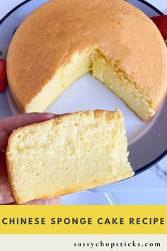 a person holding a piece of cake in front of a bundt cake on a plate