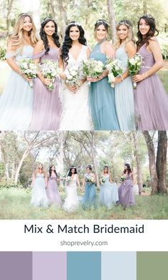 the bridesmaids are wearing different colored dresses