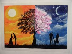 two paintings of people holding hands in front of a tree with the moon and stars above them