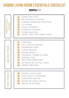 the printable rental checklist for an apartment living room is shown in orange and white