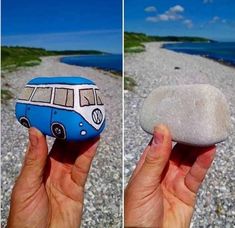 a hand holding a rock with a van painted on it, and another photo of the beach