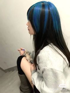 Hair Dye On Top Of Head, Blue Draculaura Hair, Black Hair Colored Tips, Angel Ring Hair Dye, Blue And Black Hair Ideas, Japan Hair Color, Black And Blue Hair, Cool Haircuts For Women