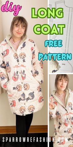 an image of a woman in pajamas with the text, long coat free pattern