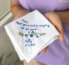 If you need a personalized design, please do not hesitate to message us. Thank you! 📍 About the floral embroidered handkerchiefs Handkerchiefs are made from linen of natural origin, so they are safe, environmentally friendly, soft and absorbent. Size: 30x30 cm. Create your own messages. The texts and flowers are embroidered 100% by hand, not machine embroidery or print.  📍  You buy this for yourself or give it as a perfect sweet gift for: - Wedding or bridesmaid gifts  - Bachelorette gifts, Ba Blue Embroidered Handkerchiefs For Gifts, Blue Embroidered Handkerchiefs As Gift, Blue Embroidered Handkerchief As Gift, Blue Cotton Handkerchiefs For Wedding, Personalized Handkerchief Wedding, Embroidered Handkerchief Wedding, Handkerchief Wedding, Blue Handkerchief, Linen Wedding