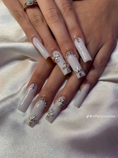 White Nails With Butterfly Charm, White Long Square Nails, White Nails With Charms, White Nail Inspo Acrylic, Nails With Cross, Chrome Heart Nails, Cross Nails, Punk Nails, Hard Nails