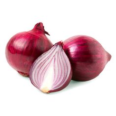 two red onions are next to each other on a white background, one is cut in half