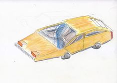 a drawing of a yellow car with its hood up and the door open, on a white paper background