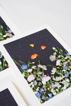 three pictures with flowers and butterflies on them