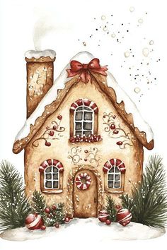 a watercolor painting of a gingerbread house in the snow with christmas decorations on it's roof