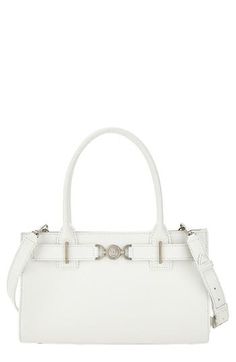 A gleaming Medusa medallion anchors the belted topline of this elongated tote equipped with carry handles and a removable strap. Magnetic-snap closure Top carry handles; removable strap Interior wall pockets Leather Made in Italy Designer Handbags Modern White Satchel With Palladium Hardware, Timeless White Bags With Metal Hardware, Timeless White Bag With Metal Hardware, Formal White Satchel With Palladium Hardware, White Satchel With Palladium Hardware And Top Handle, White Top Handle Satchel With Palladium Hardware, Luxury White Satchel With Silver-tone Hardware, Chic White Satchel With Palladium Hardware, Luxury White Satchel With Metal Hardware