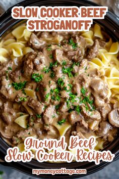 slow cooker beef stroganoni recipe in a bowl with text overlay